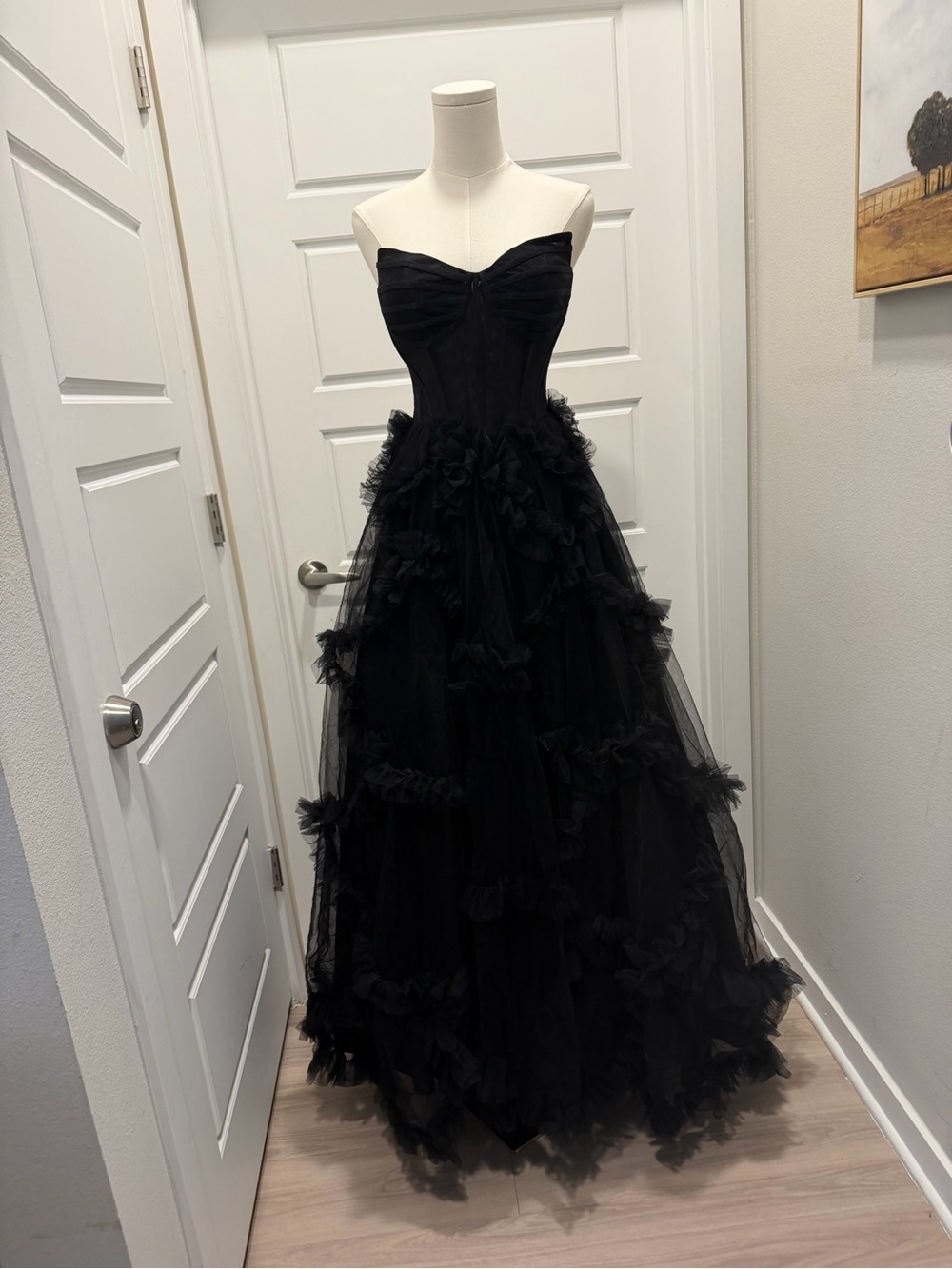 Strapless Black Tulle Ruffle Evening Gown - Picture 8 of 9